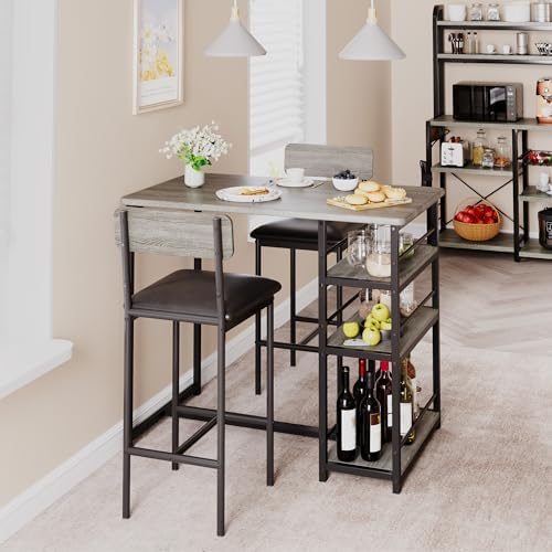 Space-Saving 3-Piece Dining Table Set for 2 – Counter Height Table with Upholstered Chairs and 3 Storage Shelves – Perfect for Small Spaces, Apartments, Breakfast Nook – Rustic Grey, 1+2 Set