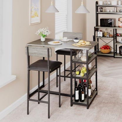 Space-Saving 3-Piece Dining Table Set for 2 – Counter Height Table with Upholstered Chairs and 3 Storage Shelves – Perfect for Small Spaces, Apartments, Breakfast Nook – Rustic Grey, 1+2 Set