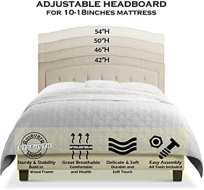 Rosevera Layla Panel Bed Frame with Adjustable Button-Tufted Headboard for Bedroom/Linen Upholstered/Wood Slat Support/Easy Assembly,Queen,Linen Beige