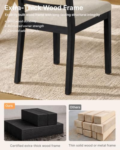KISLOT Natural Rattan Dining Chairs Set of 2, Soild Wooden Chairs, Black