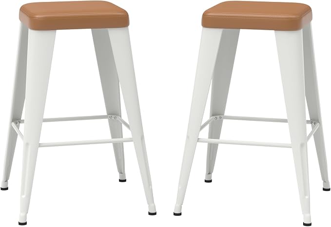 Bar Stools Set of 2, 30" Bar Height Bar Stools Backless, Upholstered Bar Stools with Brown Seat and White Metal Legs for Kitchen Island, Study Room, Cafe