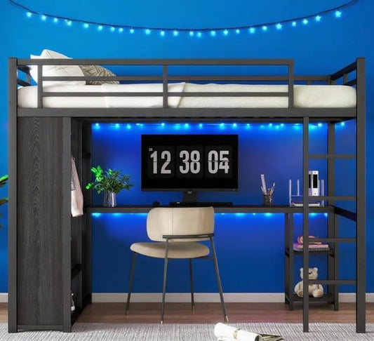 Bellemave Full Size Loft Bed with Desk, Wardrobe, Metal Full Loft Bed Frame for Adults, Kids, Teens, Black