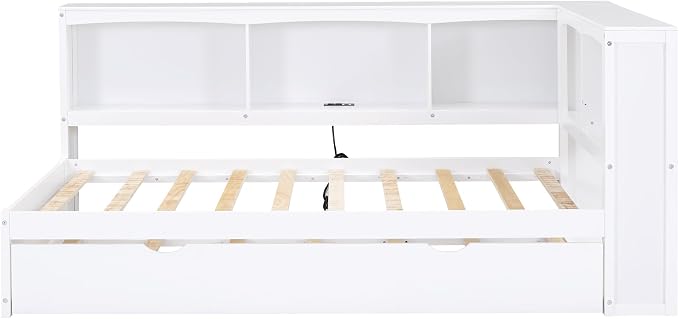 Bellemave Twin Corner Bed Frame with Trundle and USB Ports, Wood Twin Daybed with L-Shaped Bookcase，Daybed with Storage Cabinets, White