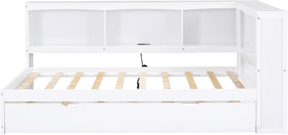 Bellemave Twin Corner Bed Frame with Trundle and USB Ports, Wood Twin Daybed with L-Shaped Bookcase，Daybed with Storage Cabinets, White