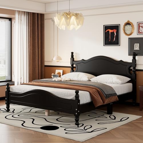 Merax Retro Queen Platform Bed with Headboard, Wood Bed Frame No Box Spring Needed/Easy Assemble, Black