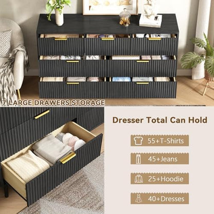 CARPETNAL Fluted 7 Drawer Dresser for Bedroom, 55" Wide Wooden Chest of Drawers with Rounded Corners, Gold Handles, Modern Storage Organizer for Bedroom, Hallway(Black)