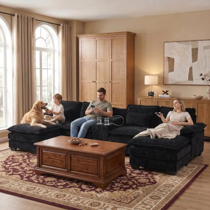 ONEMMLION 133" U Shaped Sectional Cloud Couch with USB & Cup Holder,Black