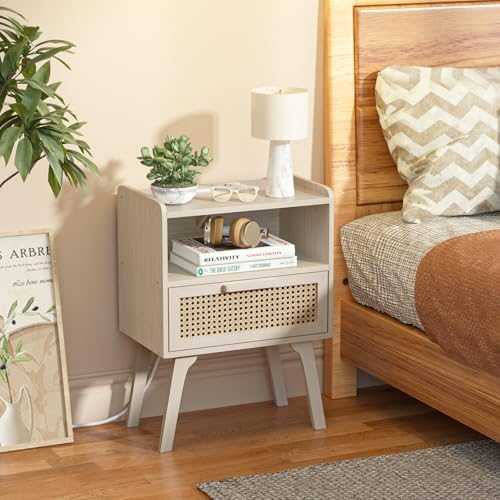 Lerliuo Rattan Nightstand with Charging Station, Side Table with Drawer