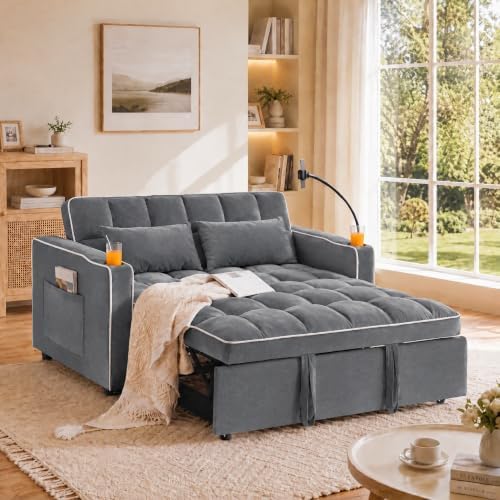 Convertible Pull Out Sofa Bed with Cup Holders & Side Pocket, Gray