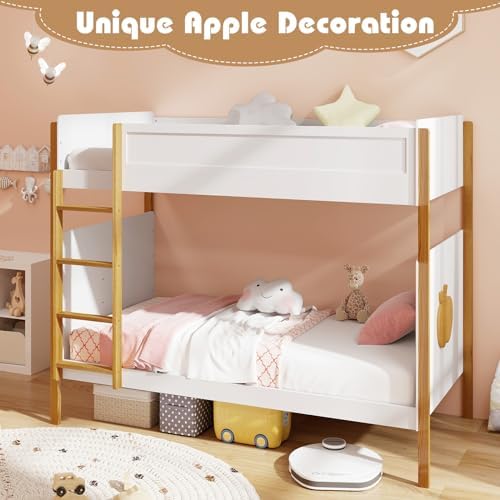 GIANTEX Twin Over Twin Bunk Bed, Solid Wood Bunk Bed Frame w/Integrated Ladder & Safety Guardrails, Space-Saving Convertible 2-in-1 Bunk Beds for Kids, Teens, No Box Spring Needed, White+Natural