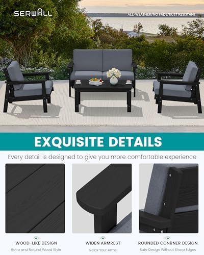 SERWALL Outdoor Loveseat with Coffee Table, HDPE Patio Furniture Set
