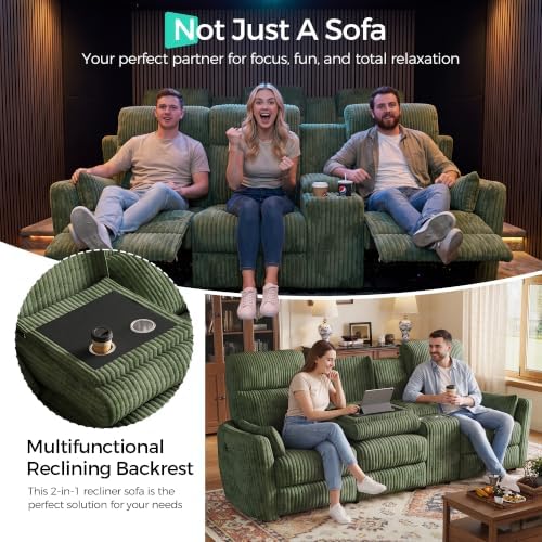 LINSY Modular 3-Seater Recliner Sofa with Matching Recliner Chair, Manual Corduroy Living Room Set with Flip-Down Console, Cup Holders & USB Ports, Theater Couch for Living Room, Game Room (Green)