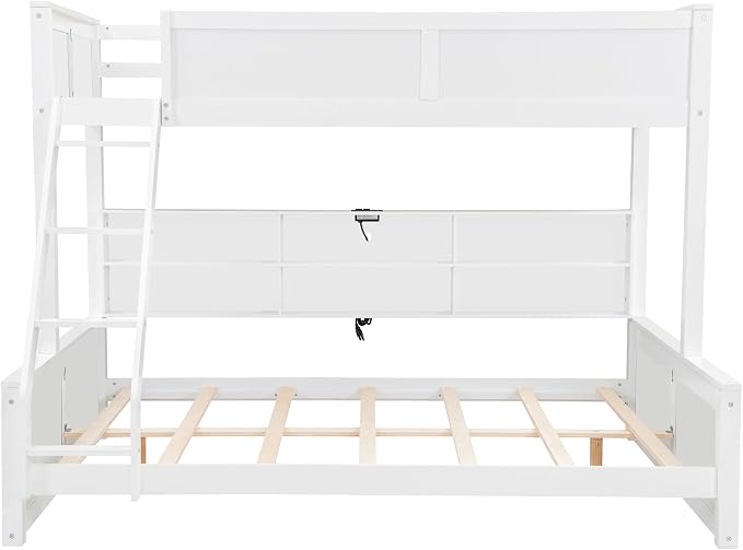 Wood Bunk Bed Twin XL Over Queen Size with Built-in Storage Cabinets and USB Ports, Versatile Bunk Bed Frame with Ladder and Guardrail for Kids Teens Adult, Maximize Space (White-T-Q)