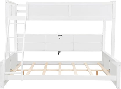 Wood Bunk Bed Twin XL Over Queen Size with Built-in Storage Cabinets and USB Ports, Versatile Bunk Bed Frame with Ladder and Guardrail for Kids Teens Adult, Maximize Space (White-T-Q)