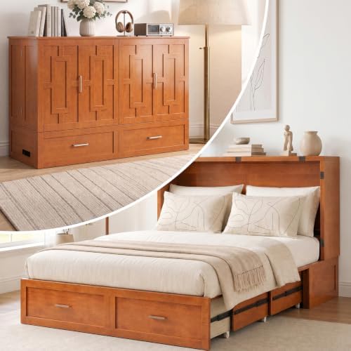 Mjkone Murphy Cabinet Bed with Tri-Folding Mattress, Queen Size Cherry