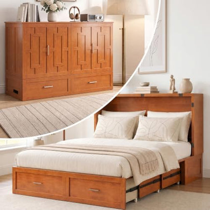 Mjkone Murphy Cabinet Bed with Tri-Folding Mattress, Queen Size Cherry