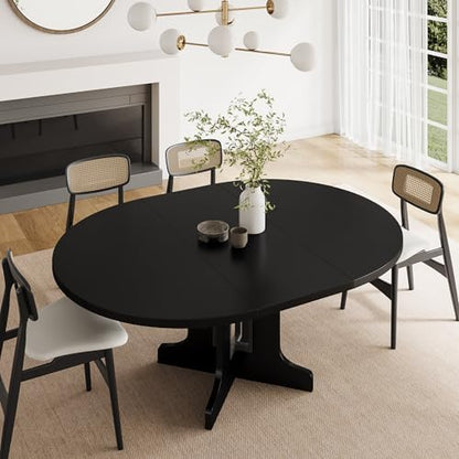 Feonase 59" Round Extendable Dining Room Table for 4-6, Modern Oval Kitchen Table with Heavy Duty Wood Base, Metal Frame Support, for Kitchen Dining Living Room, Easy Assembly, Black