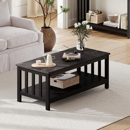 ChooChoo Mission Coffee Table, Black Wood Living Room Table with Shelf, 47 inch