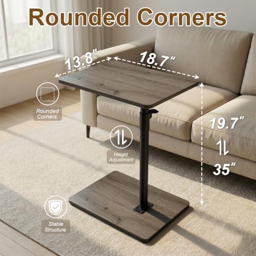 Sofa Armrest Tray Table for Couch - 360 Swivel Height Adjustable C Shaped End Table for Small Spaces, Snack Side Table for Bed or Chair with Phone & Tablet Slot (Gray, Enlarged)