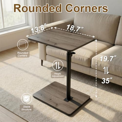 Sofa Armrest Tray Table for Couch - 360 Swivel Height Adjustable C Shaped End Table for Small Spaces, Snack Side Table for Bed or Chair with Phone & Tablet Slot (Gray, Enlarged)