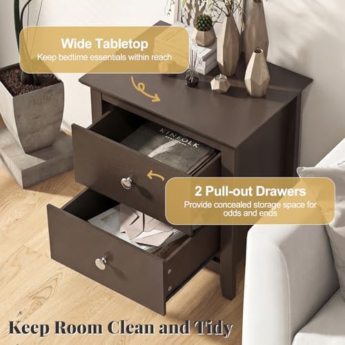 GIANTEX Nightstand Set of 2, Modern 2 Drawers Night Stand with Handles, Sofa Side Table with Sturdy Legs for Small Spaces, College Dorm, Kids’ Room, Wooden Bedside Table for Bedroom (Espresso)