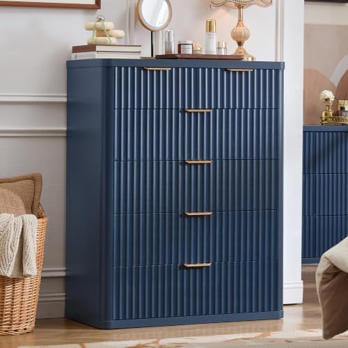 LEYAOYAO Fluted 6 Drawers Dresser for Bedroom, 42" Tall Modern Chest of Drawers with Metal Handle,Curved Profile Design,Navy Blue Wood Drawer Organizer for Bedroom, Living Room, Hallway, Entryway