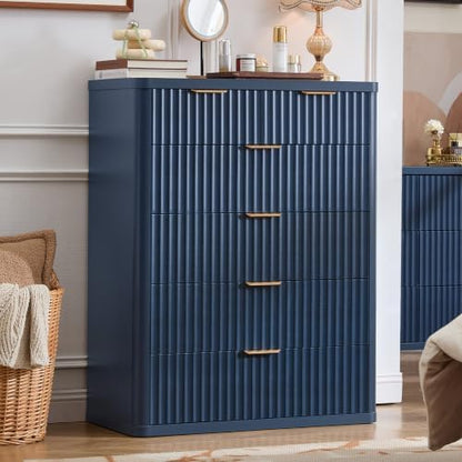 LEYAOYAO Fluted 6 Drawers Dresser for Bedroom, 42" Tall Modern Chest of Drawers with Metal Handle,Curved Profile Design,Navy Blue Wood Drawer Organizer for Bedroom, Living Room, Hallway, Entryway