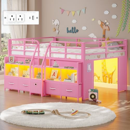 Full Low Loft Bed, 5 Drawers & 6 Bookcases, LED and Charging Station, Pink