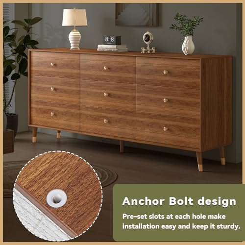 Dresser for Bedroom, 63 Inch 9 Drawer Wooden Chest of Drawers