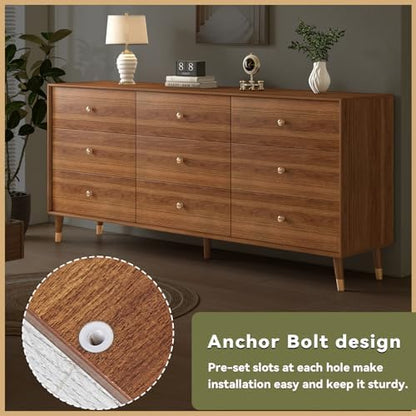Dresser for Bedroom, 63 Inch 9 Drawer Wooden Chest of Drawers