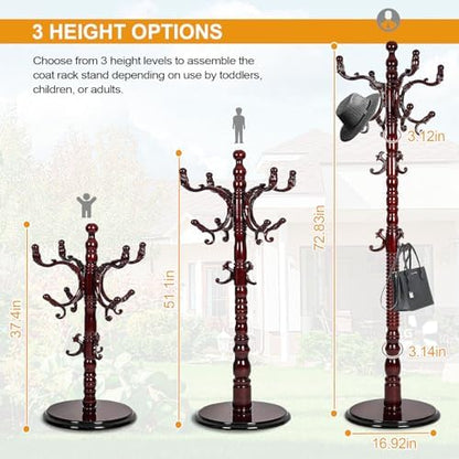 Wooden Coat Rack Freestanding with Round Base, 18 Hooks, Walnut