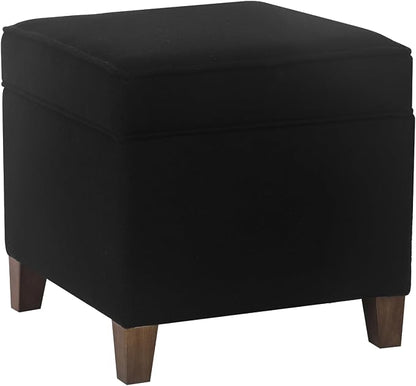 Adeco 17.5" Square Fabric Ottoman with Storage - Upholstered Cotton Linen Foot Rest - Flip Top Footstool with Sturdy Wood Legs, Small Cube Coffee Table Extra Seat for Living Room, Bedroom, Black