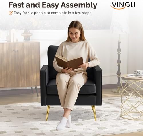 VINGLI Faux Leather Accent Chair, Modern Armchair with Gold Legs Easy Clean