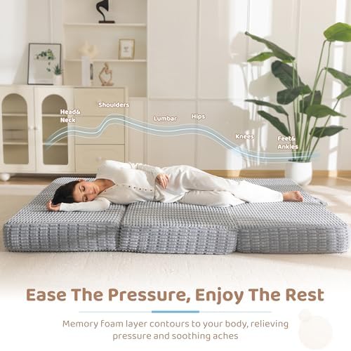 BYBYME Corduroy Memory Foam Tri-Folding Mattress, 6 Inch Gel Folding Mattress Topper, Foldable Soft Guest Bed Camping Pad, Washable Cover (Grey, Full)