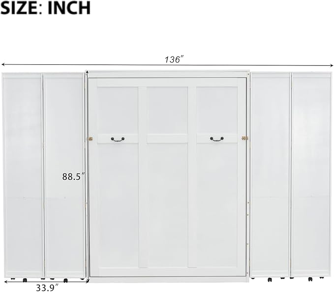 MERITLINE Queen Murphy Bed Cabinet with Storage Bookshelf Bookcase, Wood Hidden Foldable White Murphy Wall Bed with Storage Shelves for Adults