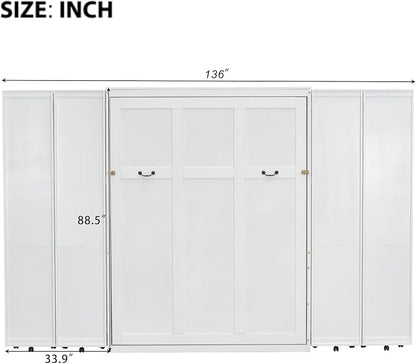 MERITLINE Queen Murphy Bed Cabinet with Storage Bookshelf Bookcase, Wood Hidden Foldable White Murphy Wall Bed with Storage Shelves for Adults