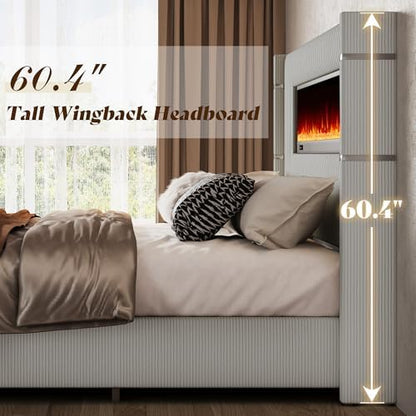 AMERLIFE King Bed Frame with Fireplace, Upholstered Headboard, Light Gray
