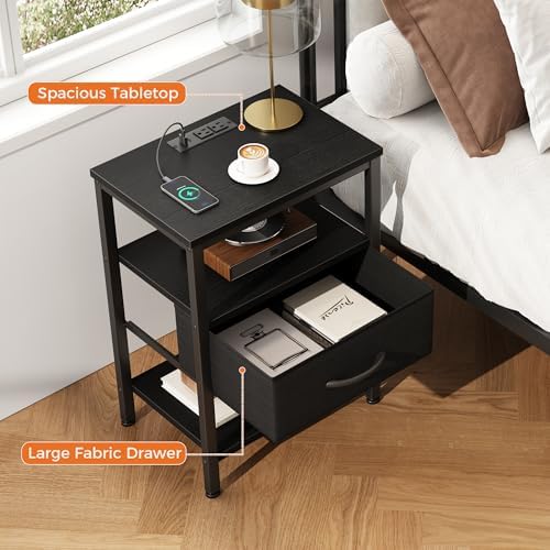 DUMOS Nightstand with Charging Station, Bedside Table with Fabric Drawers