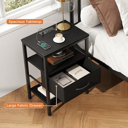 DUMOS Nightstand with Charging Station, Bedside Table with Fabric Drawers