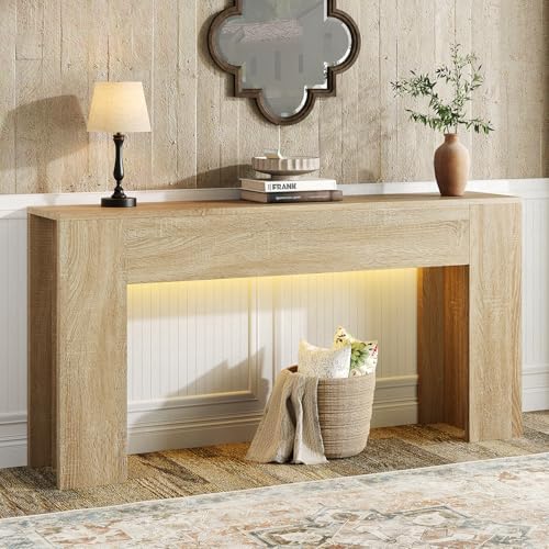 UNIQUITE 63-Inch Long Console Table with RGB LED Lights, Extra Wide and Thick Sofa Table Behind Couch, Farmhouse Entryway Table for Entrance, Hallway, Living Room, Wood
