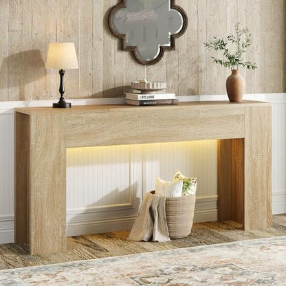 UNIQUITE 63-Inch Long Console Table with RGB LED Lights, Extra Wide and Thick Sofa Table Behind Couch, Farmhouse Entryway Table for Entrance, Hallway, Living Room, Wood