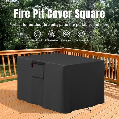 SHINESTAR Fire Pit Cover Square, Heavy-Duty Ripstop & Waterproof Outdoor Fire Pit Table Cover, Fits 24-28 inch Square Fire Pits with Windproof Drawstring and Buckles, 28 x 28 x 25 Inches