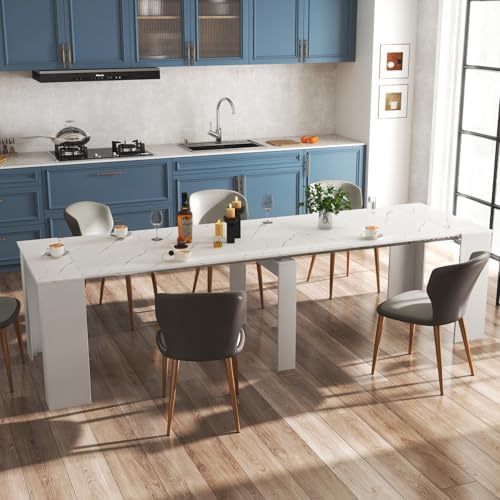 Extendable Dining Room Table for up to 12 People 20-119 inch White Marble