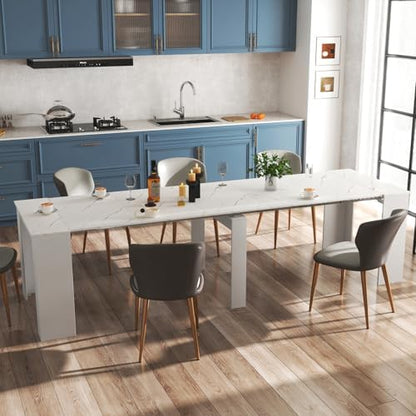 Extendable Dining Room Table for up to 12 People 20-119 inch White Marble