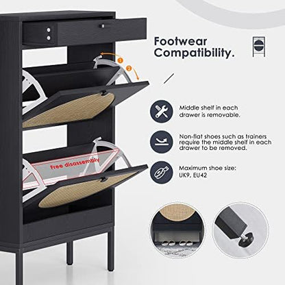Yechen Shoe Rack Storage Organizer with 2 Natural Semi-Circular Rattan Doors, Entryway Wooden Shoe Cabinet for Sneakers, Leather Shoes, Heels, Slippers (Black)
