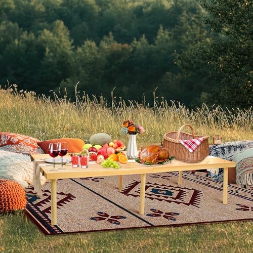 Folding Picnic Table with Table Runner, Portable Boho Low Picnic Table for Indoor Outdoor, 60" x 30" Wooden Table with Adjustable Heights for Camping, Wedding, Beach, Garden, Party(Large Size for 6)
