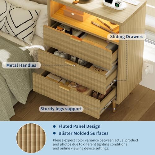 28"W 3 Drawers Dresser for Bedroom with LED and Charging Station, Oak