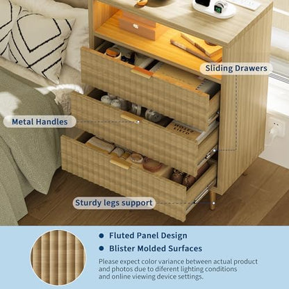 28"W 3 Drawers Dresser for Bedroom with LED and Charging Station, Oak