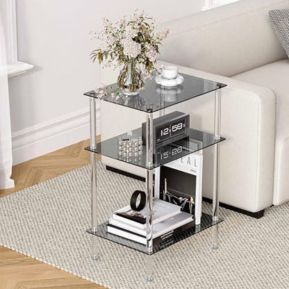 Tempered Glass Side Table, 3-Tier Acrylic End Table