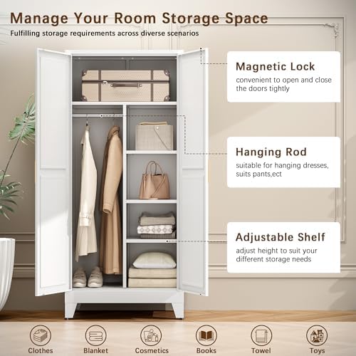71" Metal Armoire Wardrobe Closet with Hanging Rod, White-X 5 Shelves